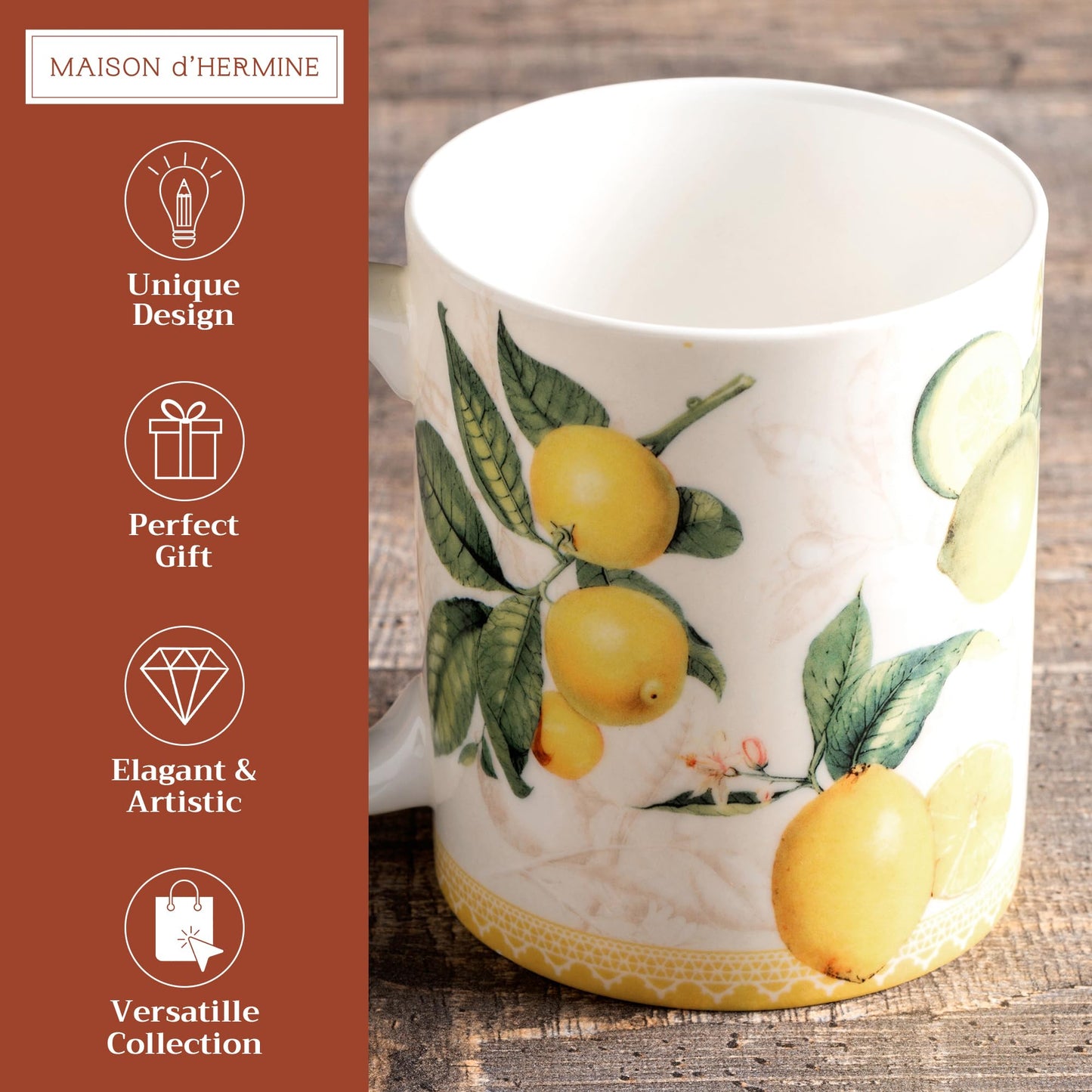 Maison d' Hermine Coffee Mug with Handle Fine Bone China Mugs Pack of One Tea Cups for Hot Beverages Cappuccino Latte Home Restaurant Office Gifts for Mothers day (Limoncello - Verna, 12 Ounce)