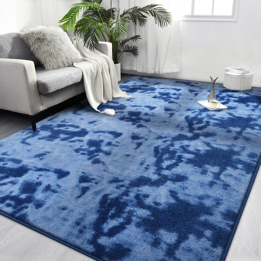 FlyDOIT Large Area Rugs for Living Room Bedroom, 5x8 Ft Tie-Dyed Navy Blue Ultra Soft Comfy Thickened Memory-Foam Indoor Carpets, Cozy Modern Floor Rug for Boys Girls Playroom Dorm Nursery Home Décor