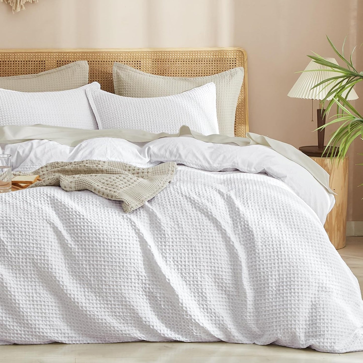 PHF Waffle Weave Duvet Cover Set - Ultra Soft Luxury Bedding for All Seasons | Queen Size, White, 3pcs