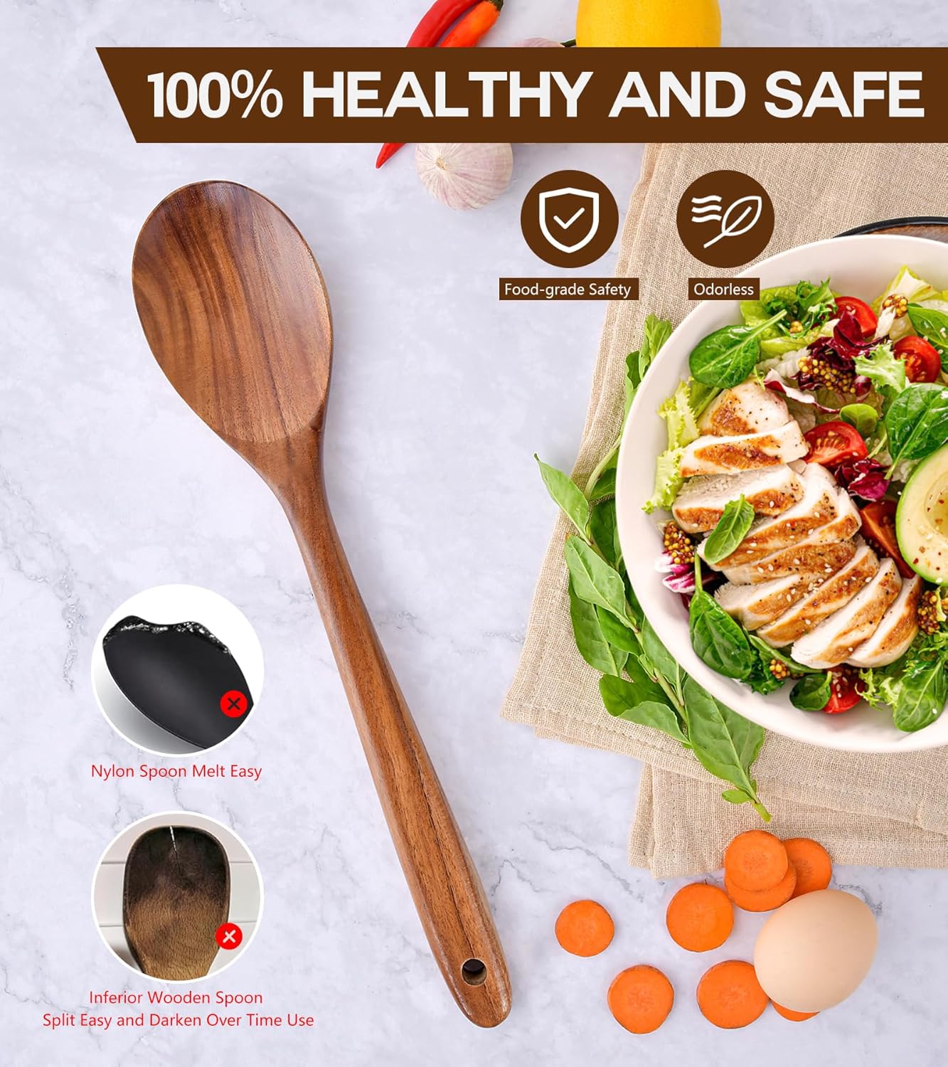 Skiennix Wooden Cooking Spoons - Premium Teak Utensils with Good Grip | Heat Resistant & Nonstick Safe