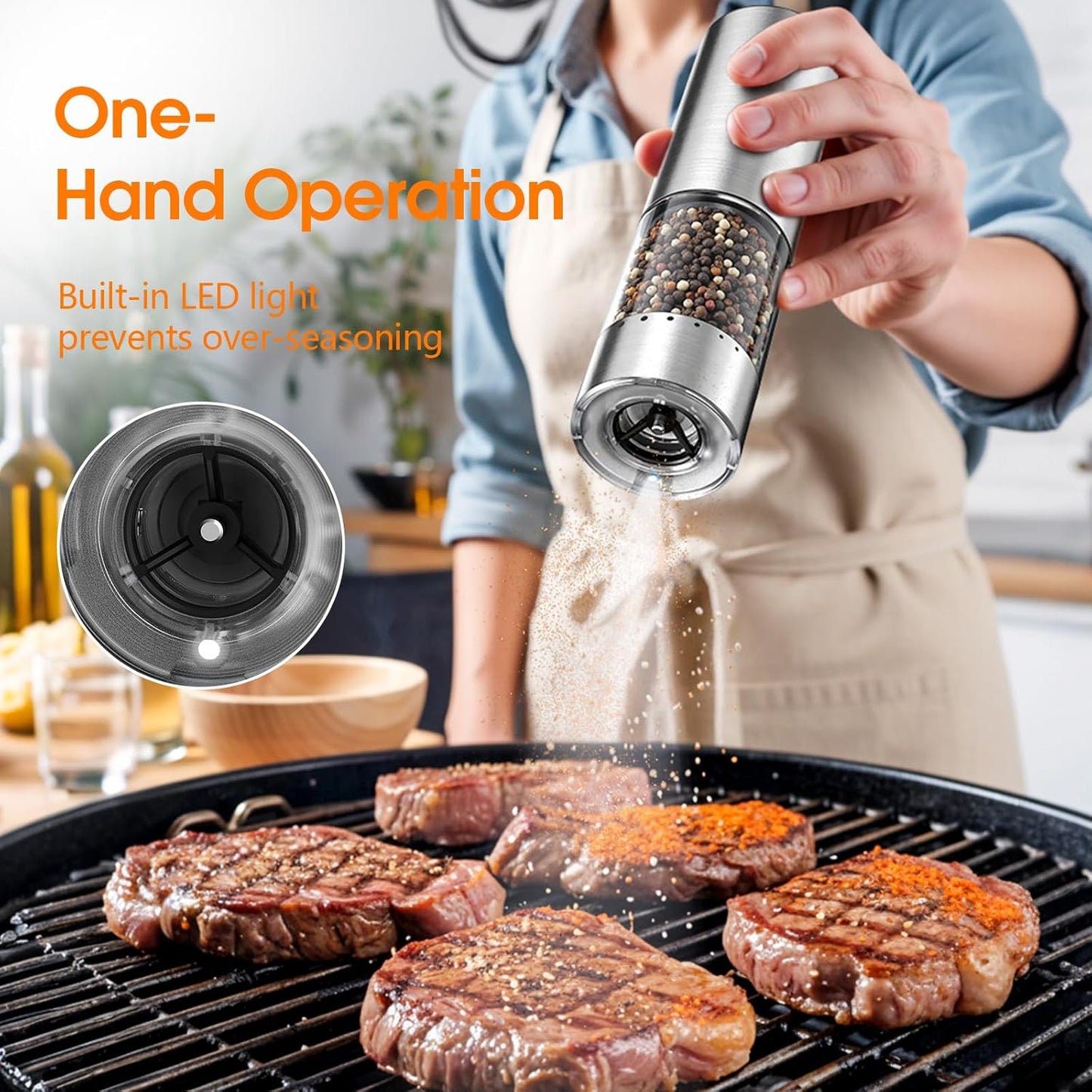 WOWBOX Electric Salt and Pepper Grinder Set - 2 PCS Stainless Steel, Rechargeable with 95L Capacity