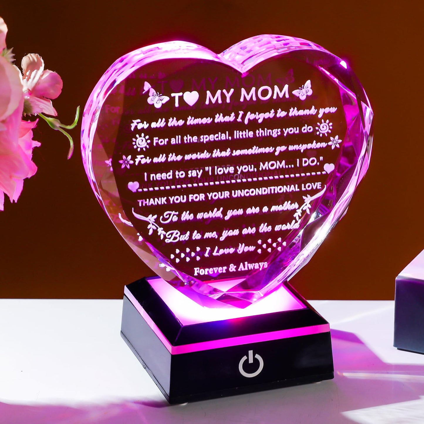 YWHL Gifts for Mom from Daughter Son, Birthday Gifts for Mom Who has Everything, To My Mom Gifts for Mother's Day Crystal Heart Keepsake with LED Base, Present for Mother on Christmas Valentine's Day