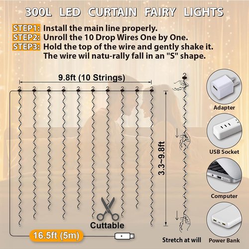 HXWEIYE 300LED Fairy Curtain Lights - 9.8x9.8Ft USB Plug-In with Remote | 8 Modes for Wedding & Bedroom Decor - Warm White, 2 Pack