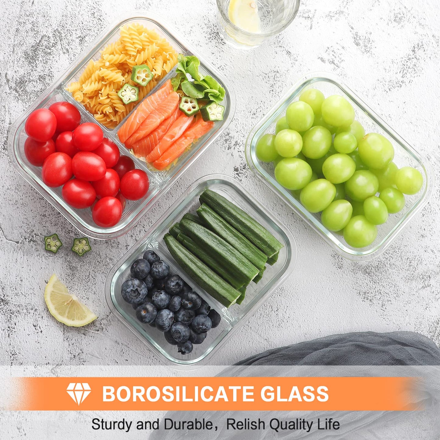 Bayco 9 Pack Glass Meal Prep Containers 3 & 2 & 1 Compartment, Glass Food Storage Containers with Lids, Airtight Glass Lunch Bento Boxes, BPA-Free & Leak Proof (9 lids & 9 Containers) - Grey