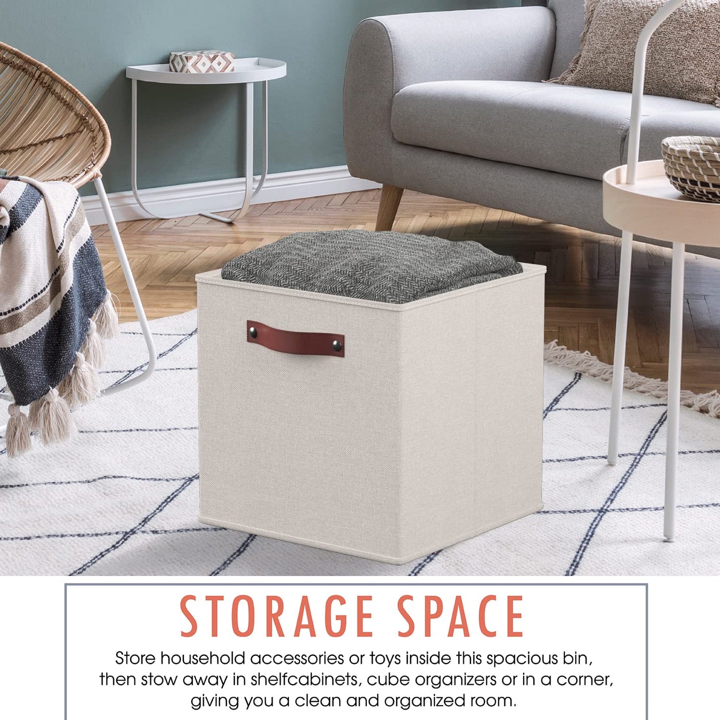 Ornavo Home 13 x 13 Storage Cube Bins, Foldable Collapsible Fabric Storage Bins Box Linen Shelf Basket Cube Organizer for Closet with Leather Handles, 6 Pack, Beige