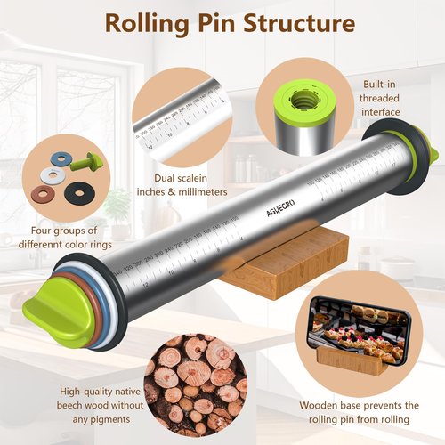 Aguegro Stainless Steel Rolling Pin with Thickness Rings and Wooden Stand Dough Thickness for Baking, Fondant, Pizza, Pie Crust, Cookies, Pastries, 13.6" Rolling Pin with 4 Multi-Color Thickness Rings