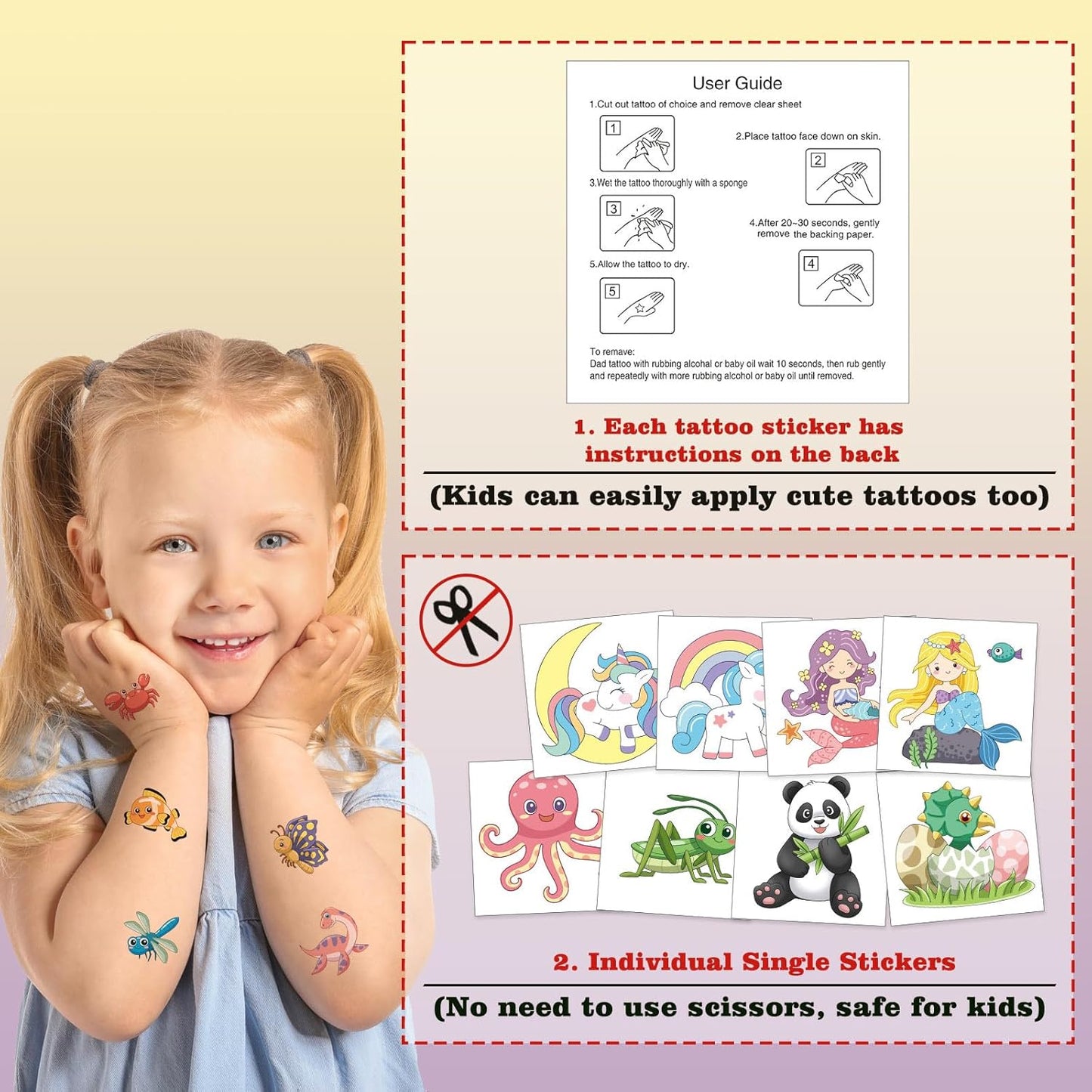 Skiennix 104 PCS Kids Temporary Tattoos - Fun Dinosaur, Unicorn & Mermaid Designs for Birthday Parties