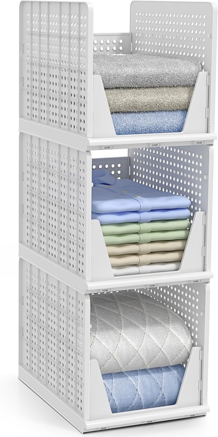 Sorbus Stackable Shelf Organizer Baskets - Versatile Plastic Storage Bins for Closet, Pantry & Bathroom - Open Front Design for Easy Access