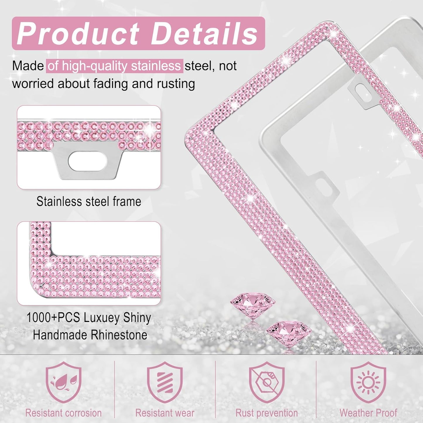 Amiss Bling License Plate Frame - Handcrafted Rhinestone Crystal Design | Premium Stainless Steel, Pink