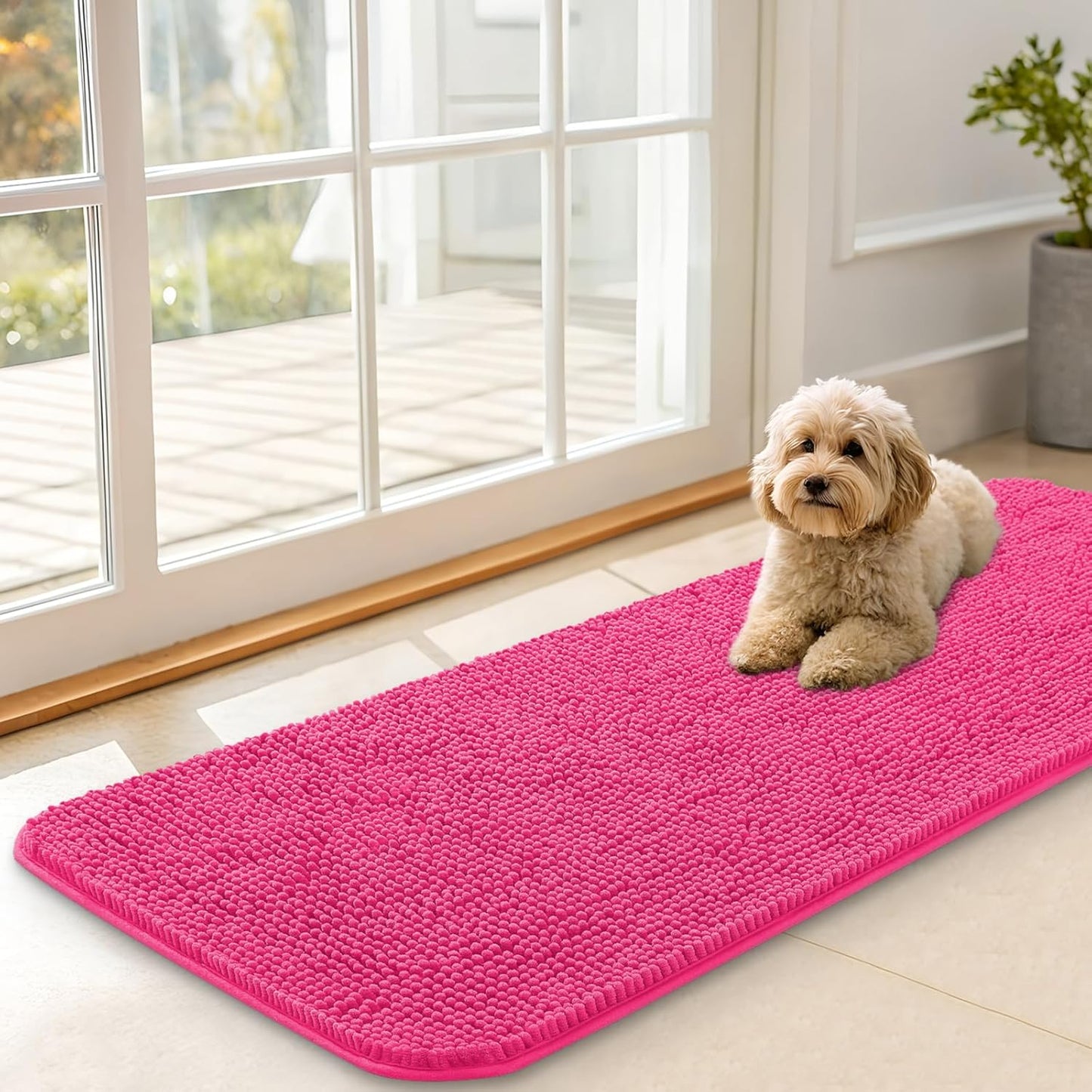OLANLY Dog Door Mat - Absorbent Non-Slip Washable Doormat for Muddy Paws | 47x17 Hot Pink
