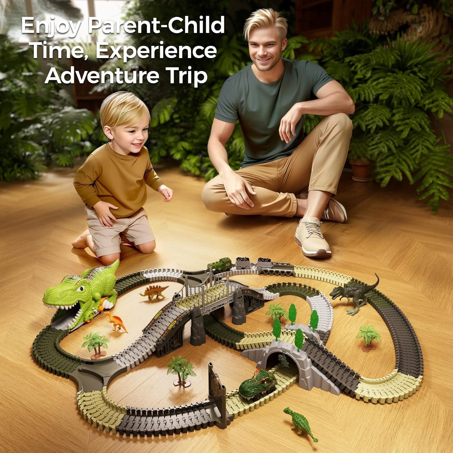 TUMAMA Dinosaur Train Set - 281 Pcs Flexible Race Track with 4 Dinosaurs & 2 Electric Cars for Kids 3-7