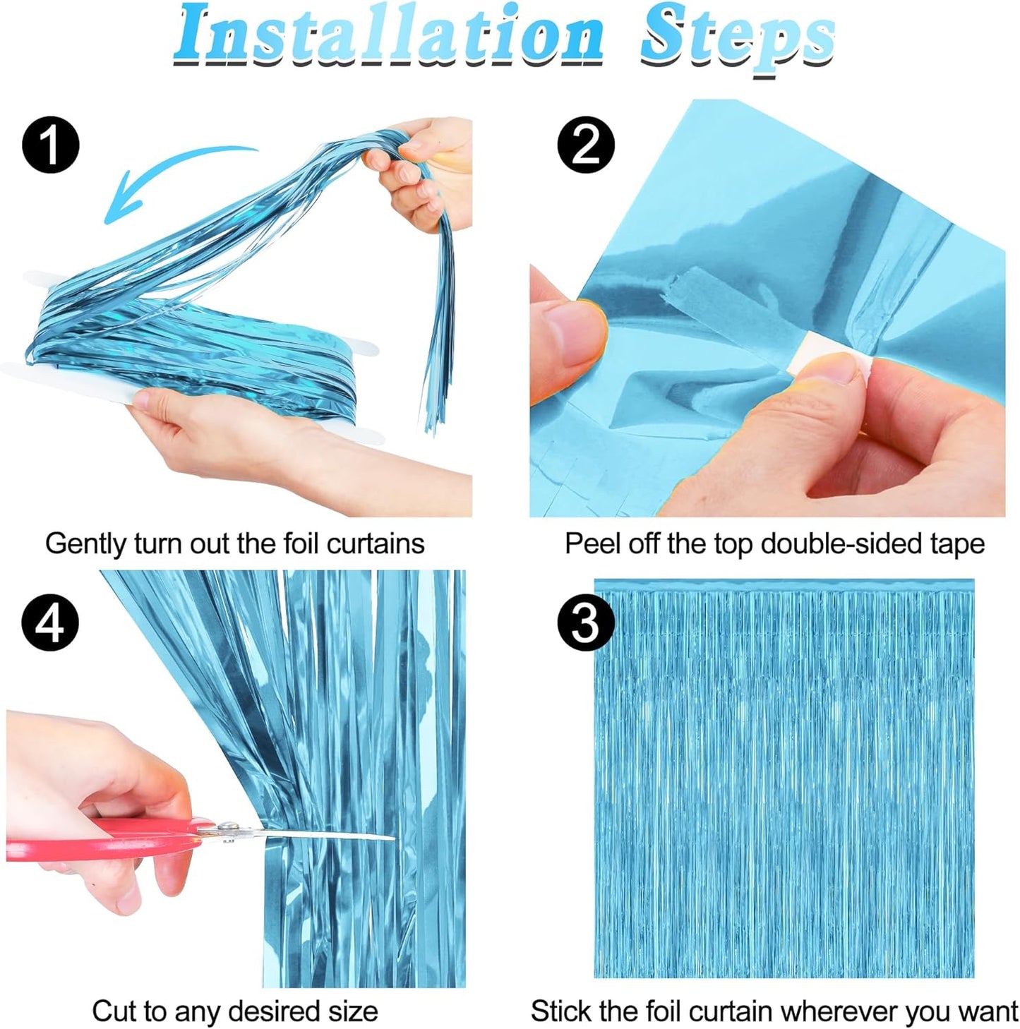 Skiennix Blue Foil Streamers - 4 Pack Metallic Sky Blue Backdrop Fringe Curtains | 3.28 FT x 7.05 FT for Parties