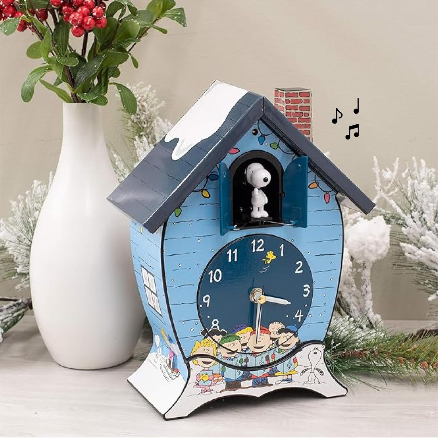 Mark Feldstein Peanuts Gang Holiday Cuckoo Clock - Icy Blue, 17 Inch Decorative Timepiece
