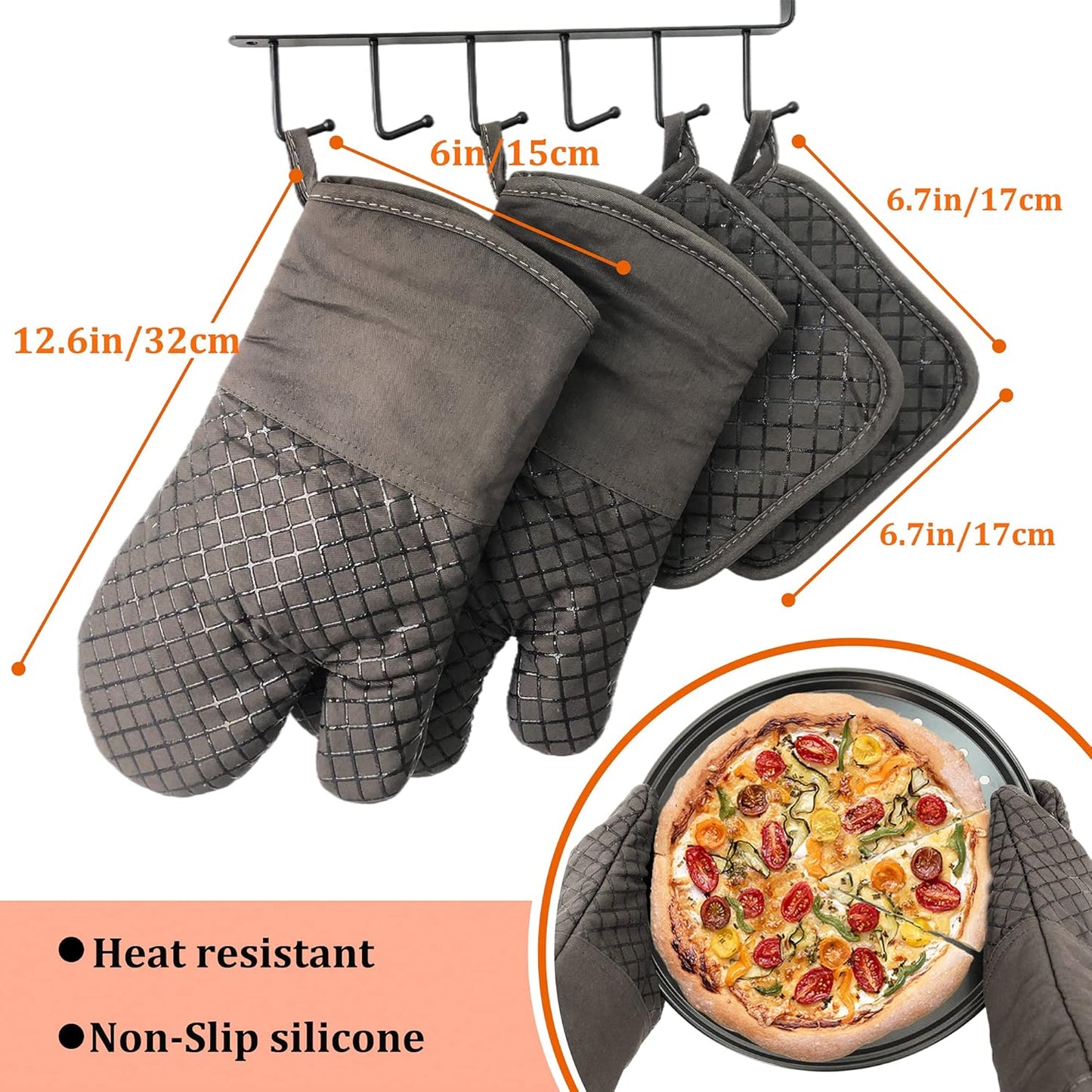 Skiennix Oven Mitts Set - 4 Pcs High Heat Resistant Kitchen Mitts & Pot Holders | Grey, Silicone Non-Slip