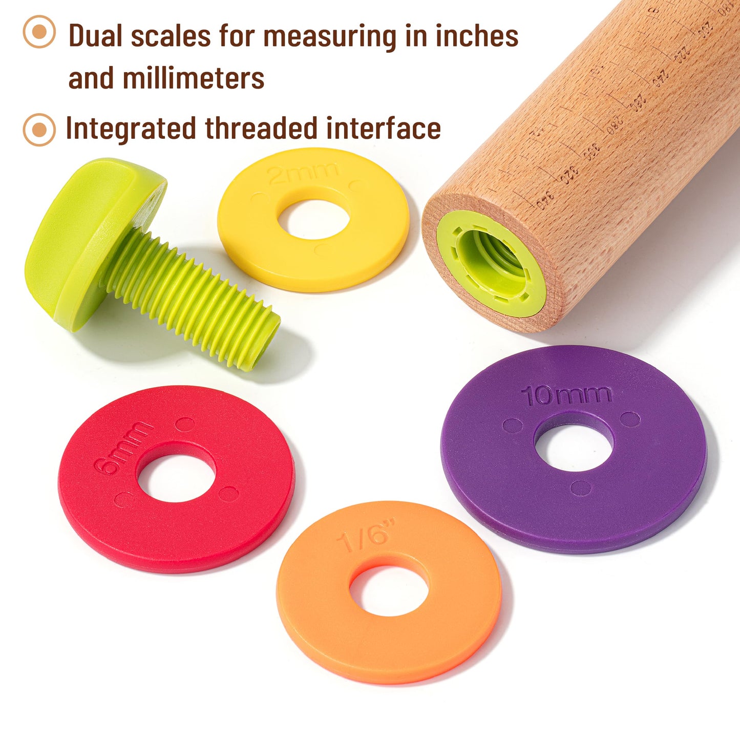 BAMBOO LAND- Adjustable Rolling Pin with Thickness Rings for Baking, 13.8", 4 Colorful Thickness Rings (2-10 mm or 1/16"-3/8"), Wood Rolling Pins for Baking, Bread, Pizza Doughs