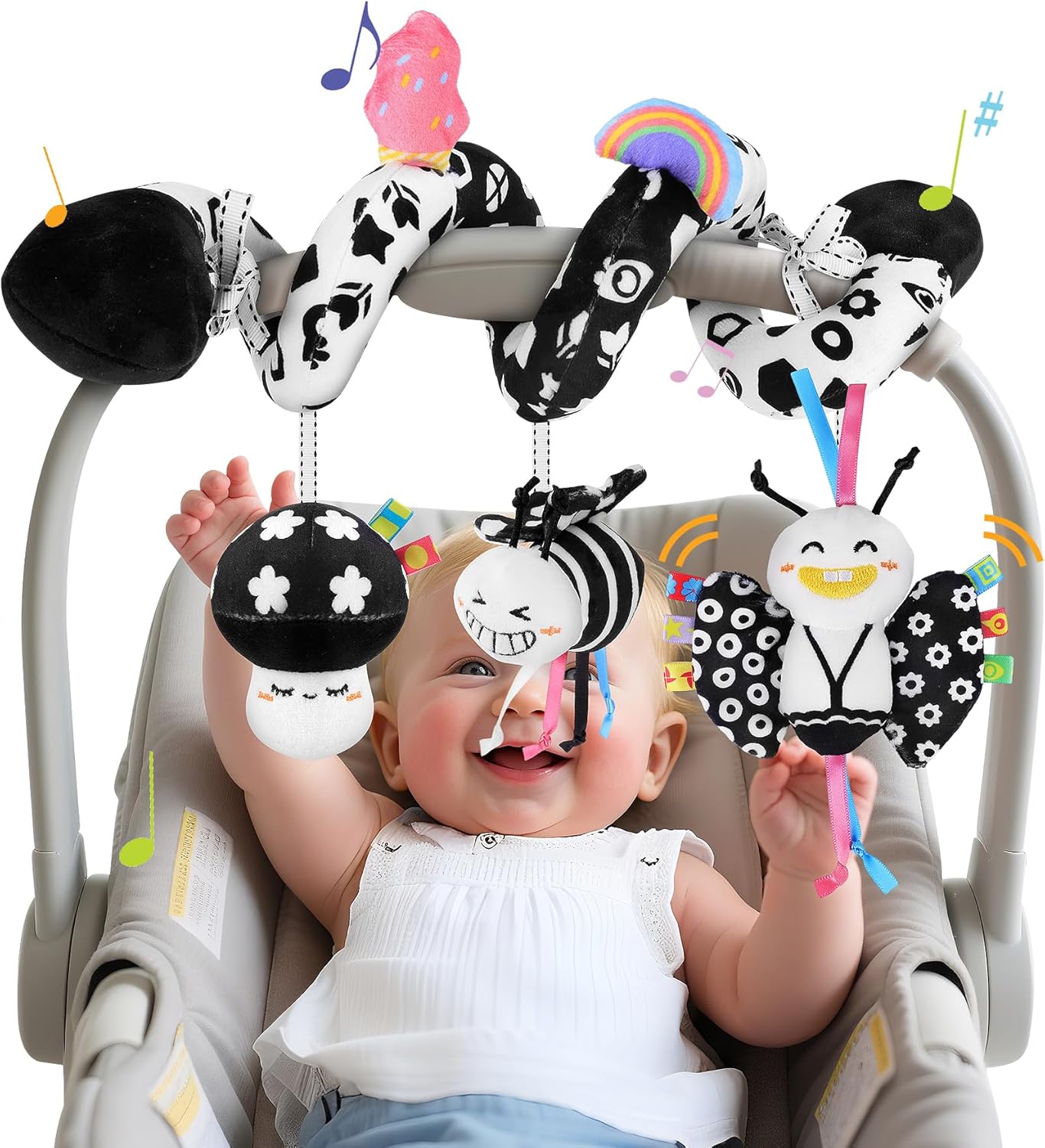 Skiennix Spiral Car Seat Toys - High Contrast Black & White Sensory Plush Toy for Babies 0-6 Months