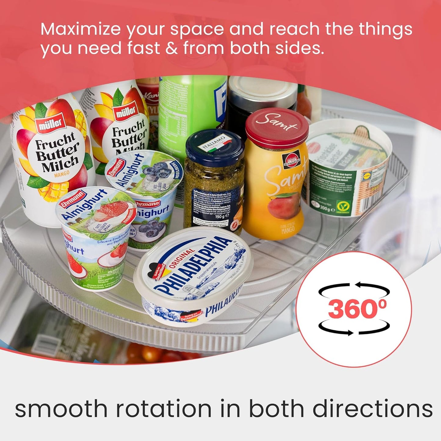 Lazy Susan | 360° Turntable Refrigerator Organizer - Rectangle Storage Tray for Fridge & Pantry (16.5"x11.5"x1.5")