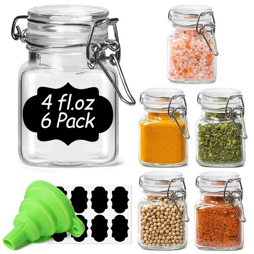 ComSaf Set of 6 Square Glass Spice Jars with Airtight Lids (4 Oz), Mini Favor Jars with Wire Clamp for Honey, Herbs & Farmhouse Kitchen Pantry Organization, with Funnel & Labels