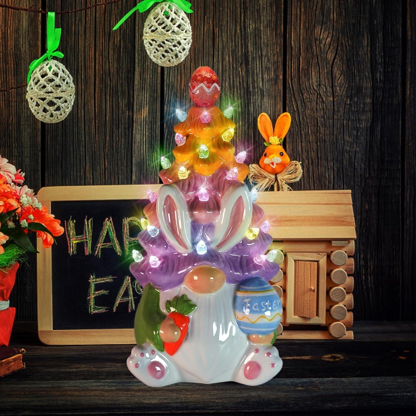 Timer Easter Decorations - Light Up Bunny & Gnome Ceramic Tree Decor for Spring Centerpieces