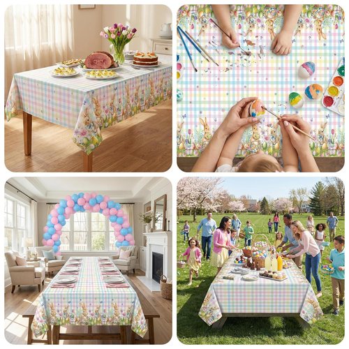 BokingOne 3 PCS Easter Tablecloth, Disposable Plastic Table Cover Rectangle 54 x 108 Inch - Bunny, Eggs, Buffalo Check Plaid Design for Spring Party Decor, Kitchen Dining Indoor Outdoor Home Decor