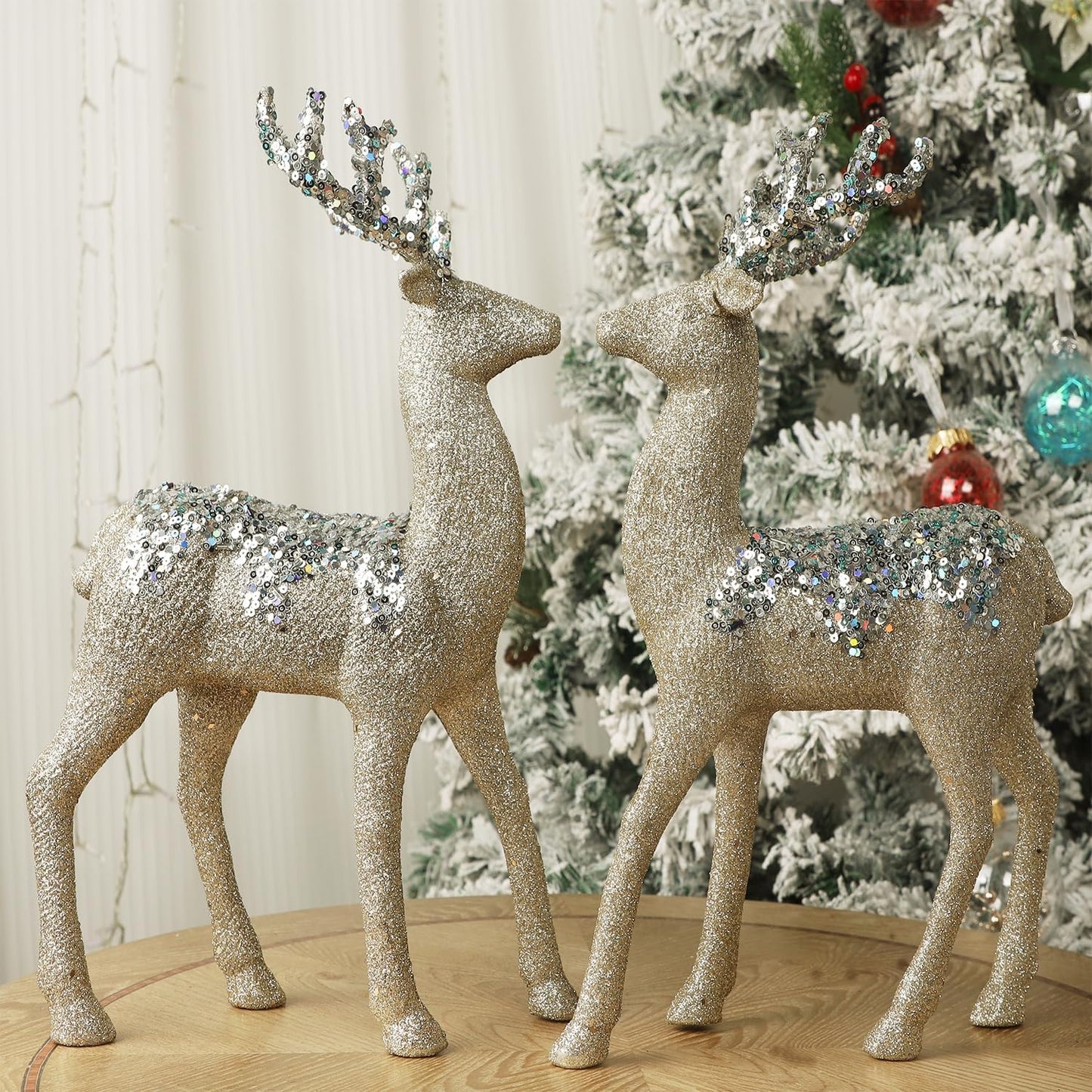 Juegoal Glitter Reindeer Figurines - Set of 2 Christmas Tabletop Decorations | 12.6" Plastic Elk Ornaments