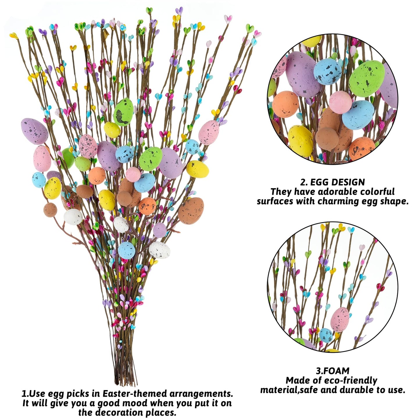 Draupnir 48PCS Artificial Easter Spray Vine, Pastel Easter Eggs and Berries, Easter Egg Twig Branches, Easter Egg Branches for Easter Home Decoration and Flower Arrangement