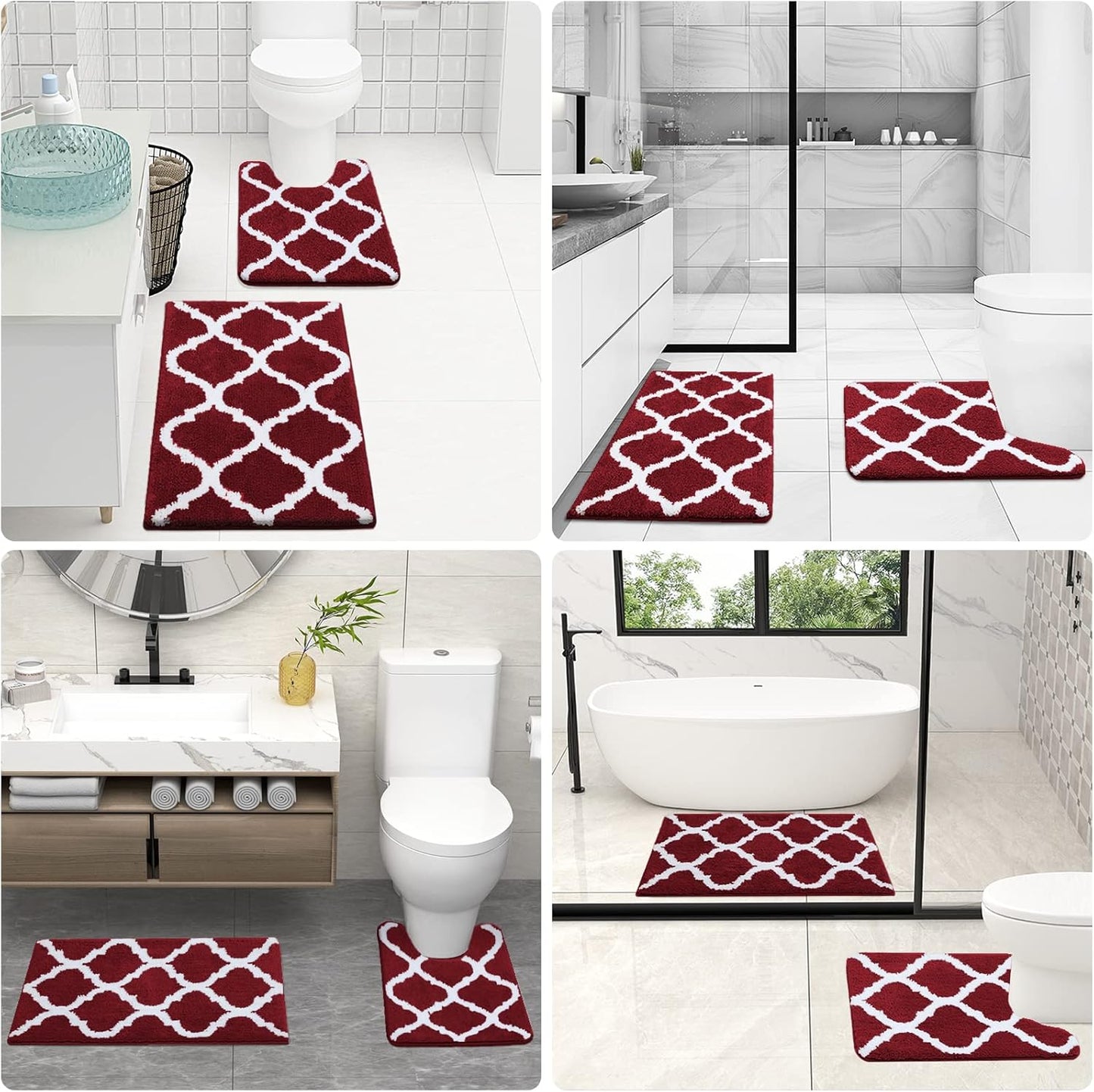 OLANLY Bathroom Rugs Set - 2-Piece Microfiber Bath Mat & U-Shaped Toilet Rug | Non-Slip, Machine Washable, Burgundy (30"x20" + 24"x20")