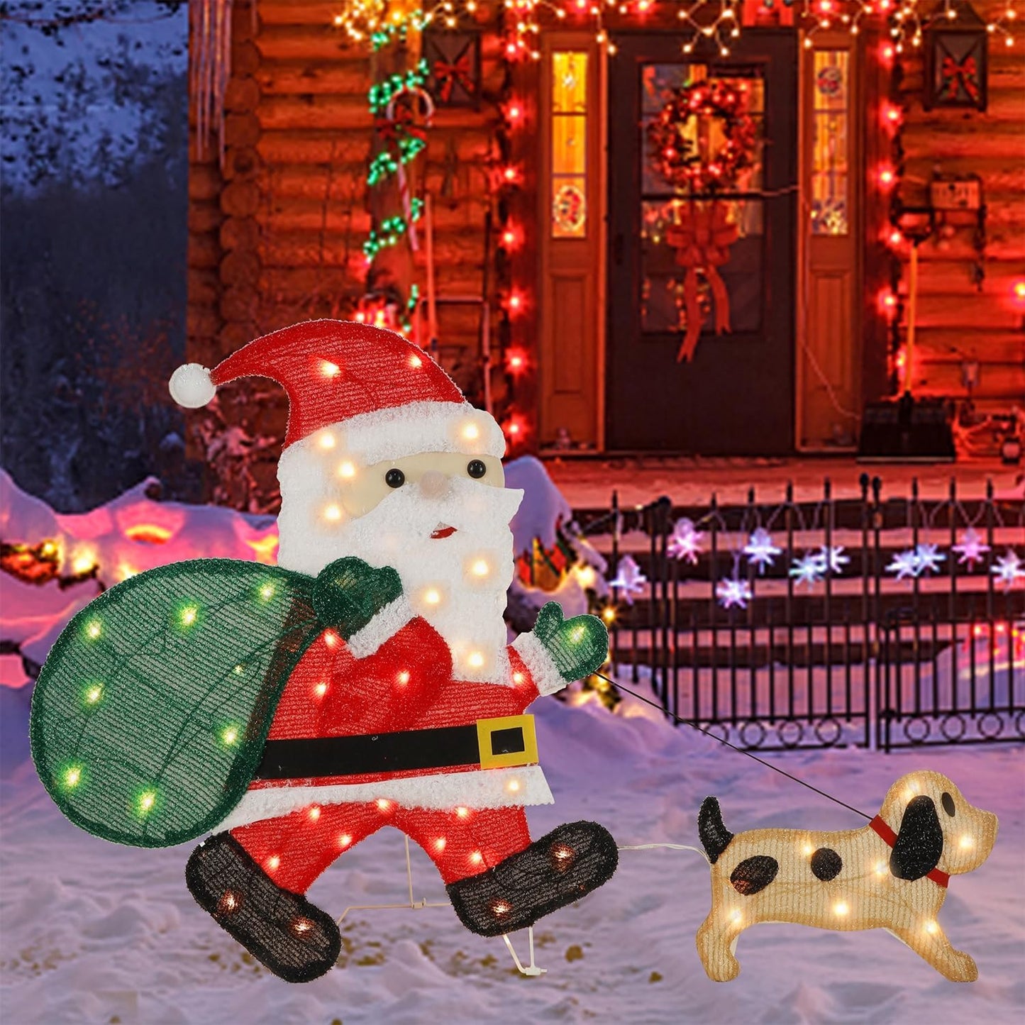 Waterglide Lighted Christmas Santa Claus - 26.5 Inch Pre-Lit Tinsel Decor with Puppy for Outdoor Holiday Display