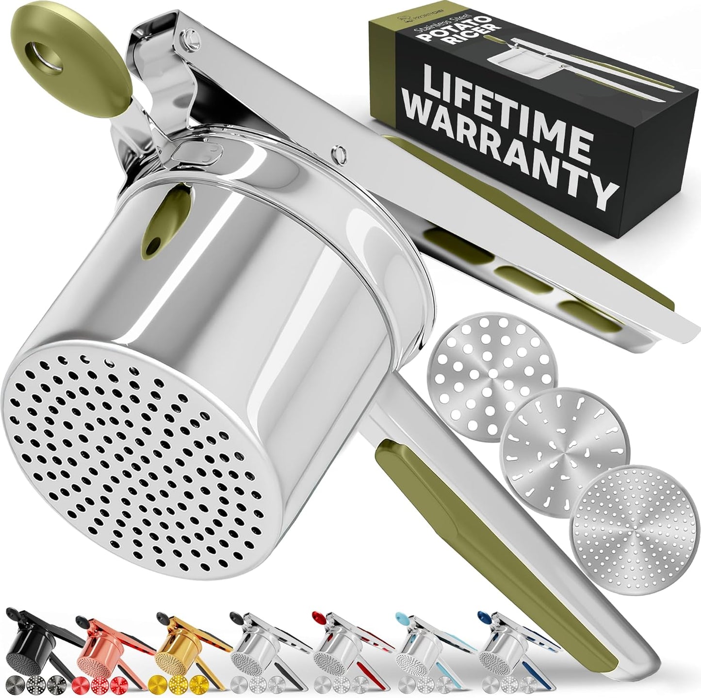 PriorityChef 15oz Potato Ricer - Heavy Duty Stainless Steel Masher with 3 Discs | Olive Green
