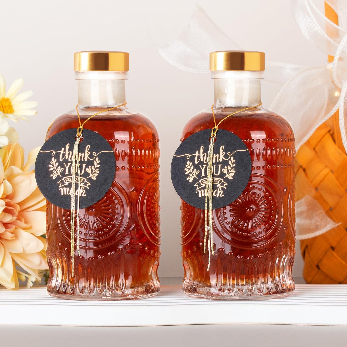 GYOSUGANG 6 Pack Glass Bottles with Lids - 6 oz Liquor Bottles with Gift Labels & Decorations for Oil Vinegar Kombucha Whiskey Wine Beverages Drinks Beer Water Soda with T-Top Cork Cap