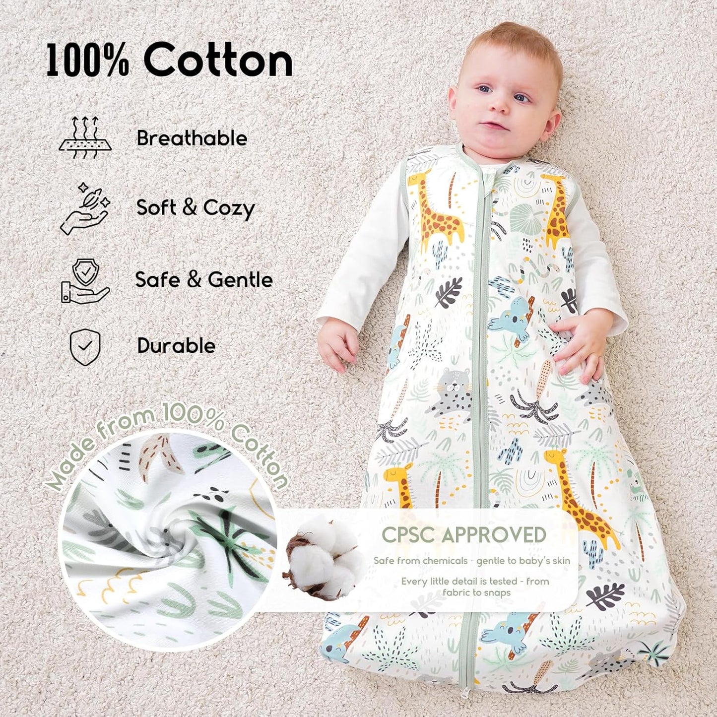 Yoofoss Baby Sleep Sack - 100% Cotton Wearable Blanket for Infants 6-12 Months | Lightweight 2-Way Zipper, Giraffe