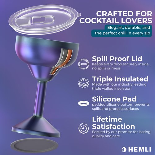 Hemli Insulated Margarita Glass, Cocktail Tumbler with Lid, Stainless Steel Vacuum Insulated, Keeps Drinks Cold for 12 Hours