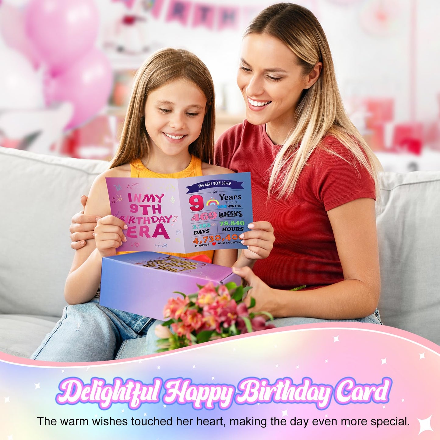 ZZTDSD 9 Year Old Girl Birthday Gift Set, Gifts for 9 Year Old Girls with Glass Cup (16oz), Socks, Pearl Necklace, Beaded Bracelet, Birthday Hat, Sash & Card