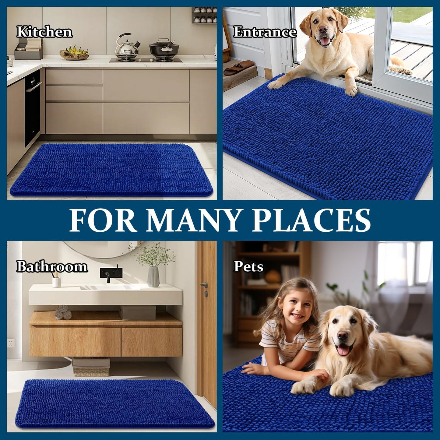 OLANLY Dog Door Mat - Absorbent Non-Slip Washable Chenille Mat for Muddy Paws | 59x35 Royal Blue