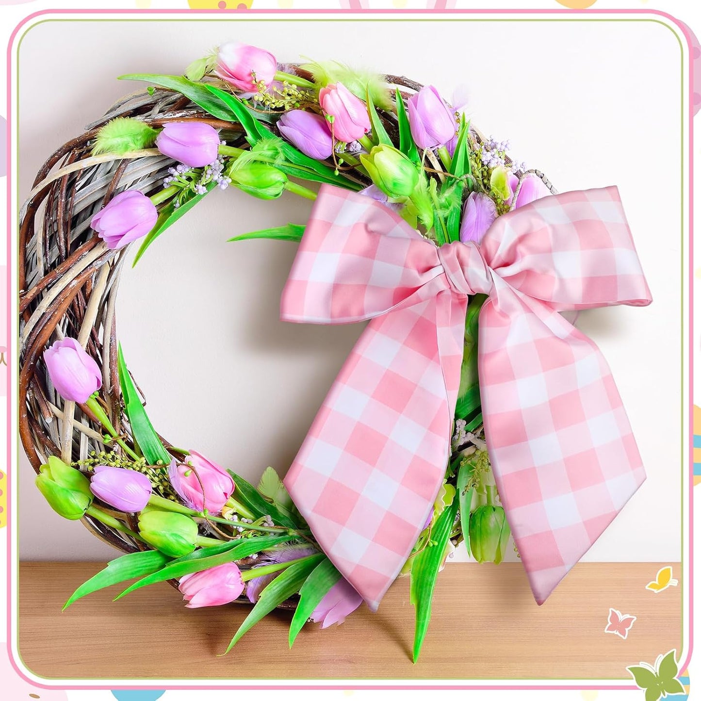 VitalCozy Wreath Sash Set - Chinoiserie Easter & Spring Decor | 4.5" W x 56" L (Pink Grid)
