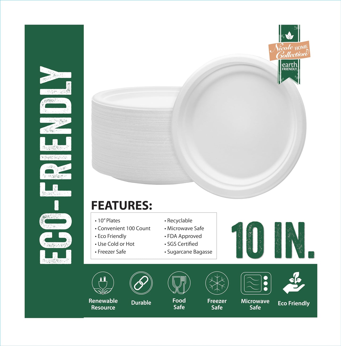 Nicole Home Collection 100% Compostable Heavy Duty 10" Disposable Paper Plates Bagasse Biodegradable Eco-Friendly Natural Sugarcane 100 Count