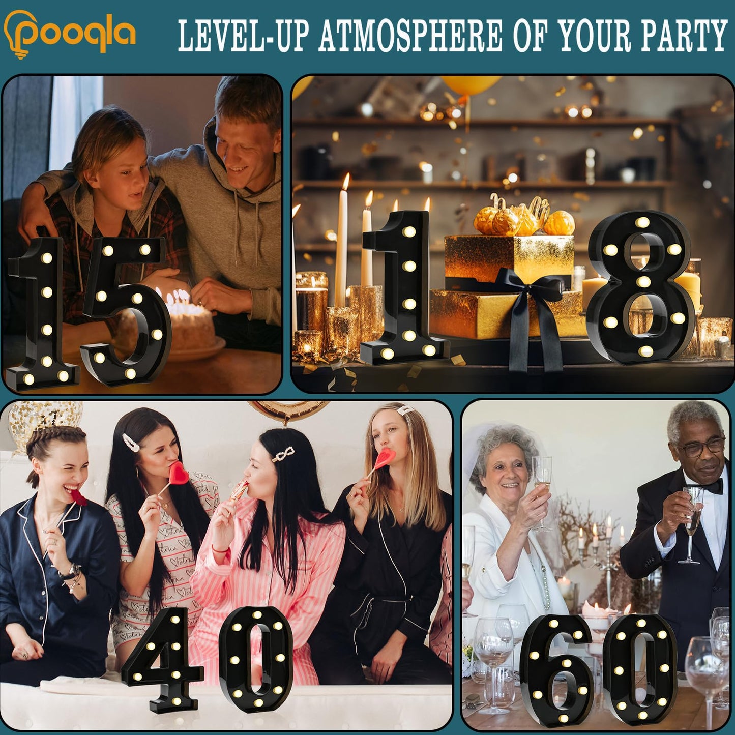 Pooqla Decorative Led Light Up Number Letters, Black Plastic Marquee Number Lights Sign for 40th Birthday Party Wedding Decor Battery Operated Black Number 40