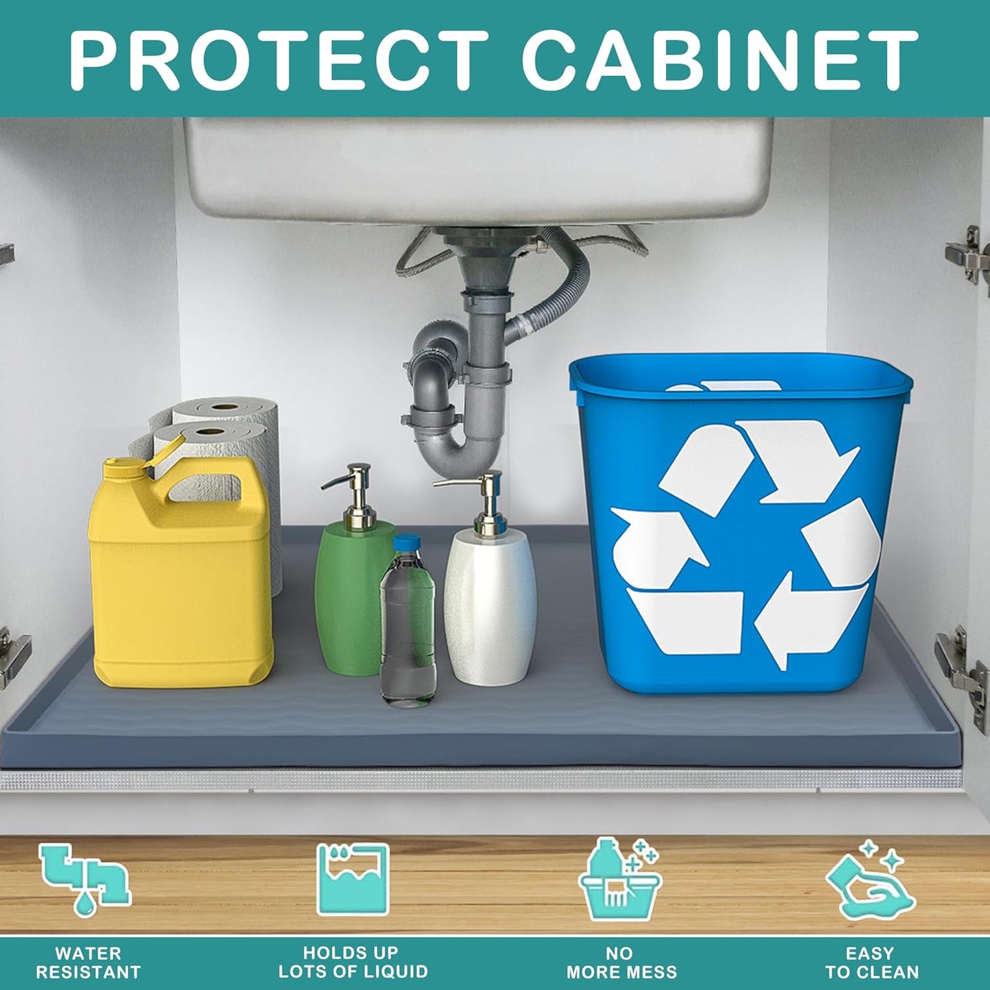 URMONA Waterproof Silicone Under Sink Mat - 31'' x 22'' Kitchen & Bathroom Cabinet Protector | Dark Grey