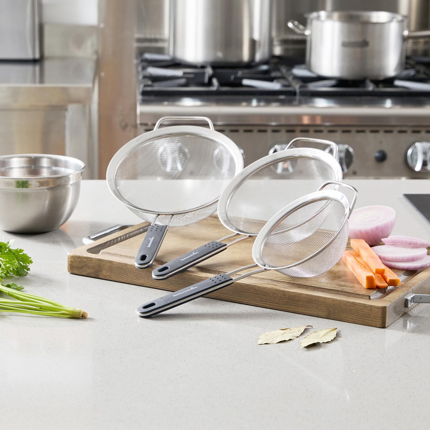 Restaurantware Fine Mesh Strainer Set of 3 Different Sizes with Silicone Handle Stainless Steel Extra Fine Mesh Strainer Heat-Resistant Handle Dishwasher-Safe for Rice, Quinoa, Pasta