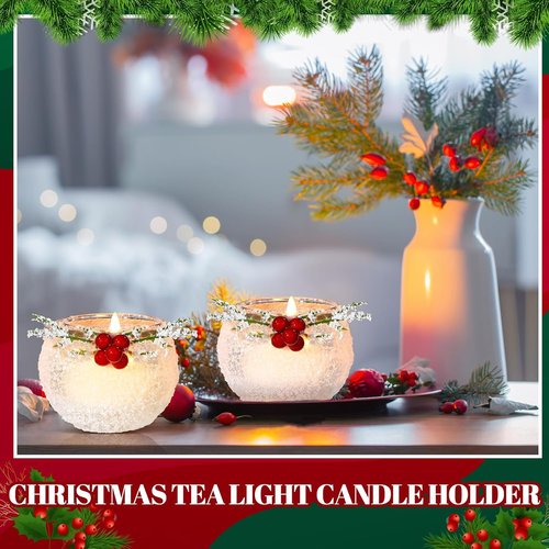 Funnymoom Christmas Votive Candle Holders - 6 Pcs Snowy & Red Berry Design for Table Centerpiece | Indoor Decor