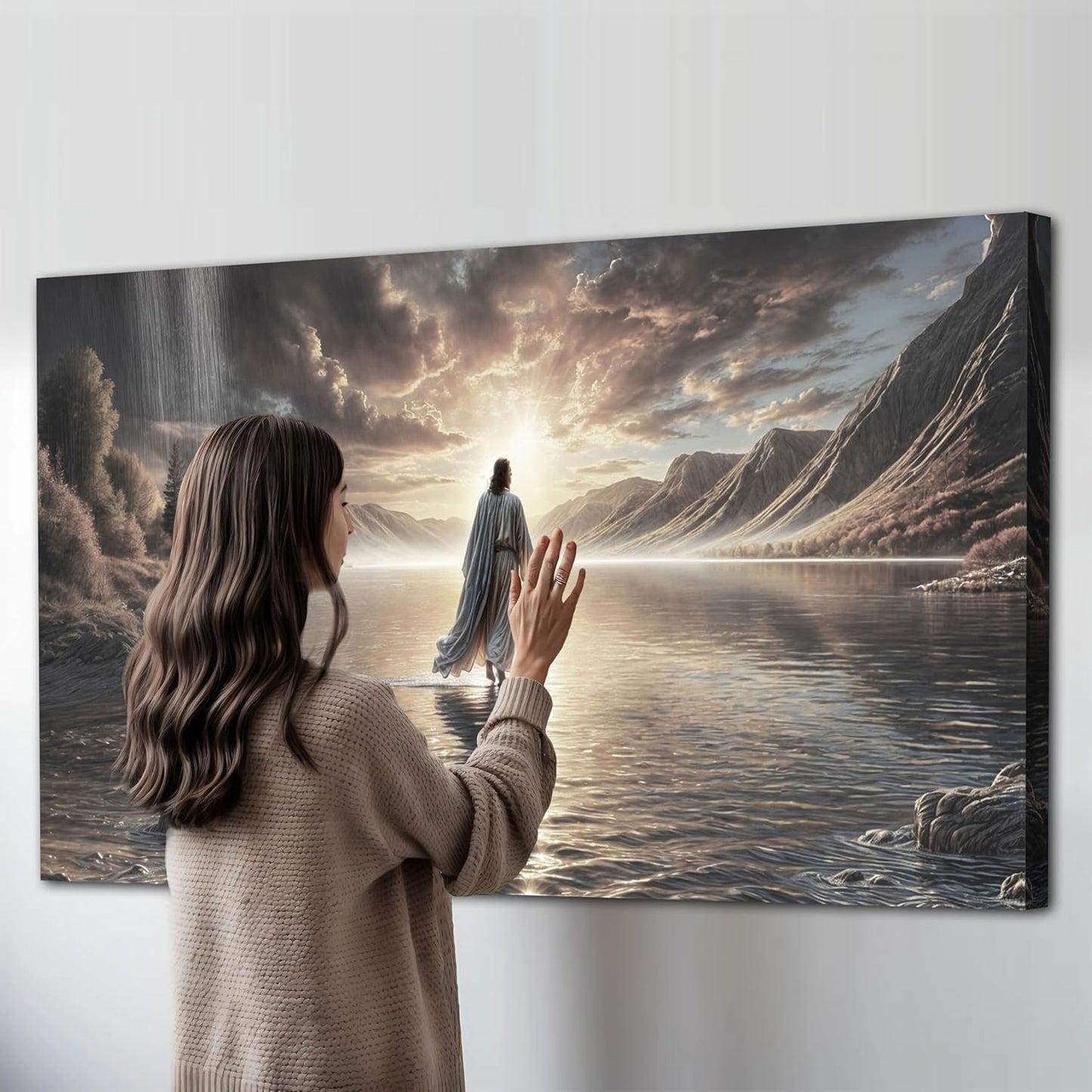 TAILORED CANVASES Jesus Walking on Water Wall Art - Framed Christian Decor for Living Room, Church | 48x24