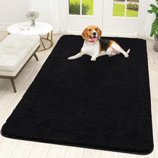 OLANLY Dog Door Mat - Absorbent Non-Slip Chenille Mat for Muddy Paws | 59x35 Inches, Quick Dry, Black