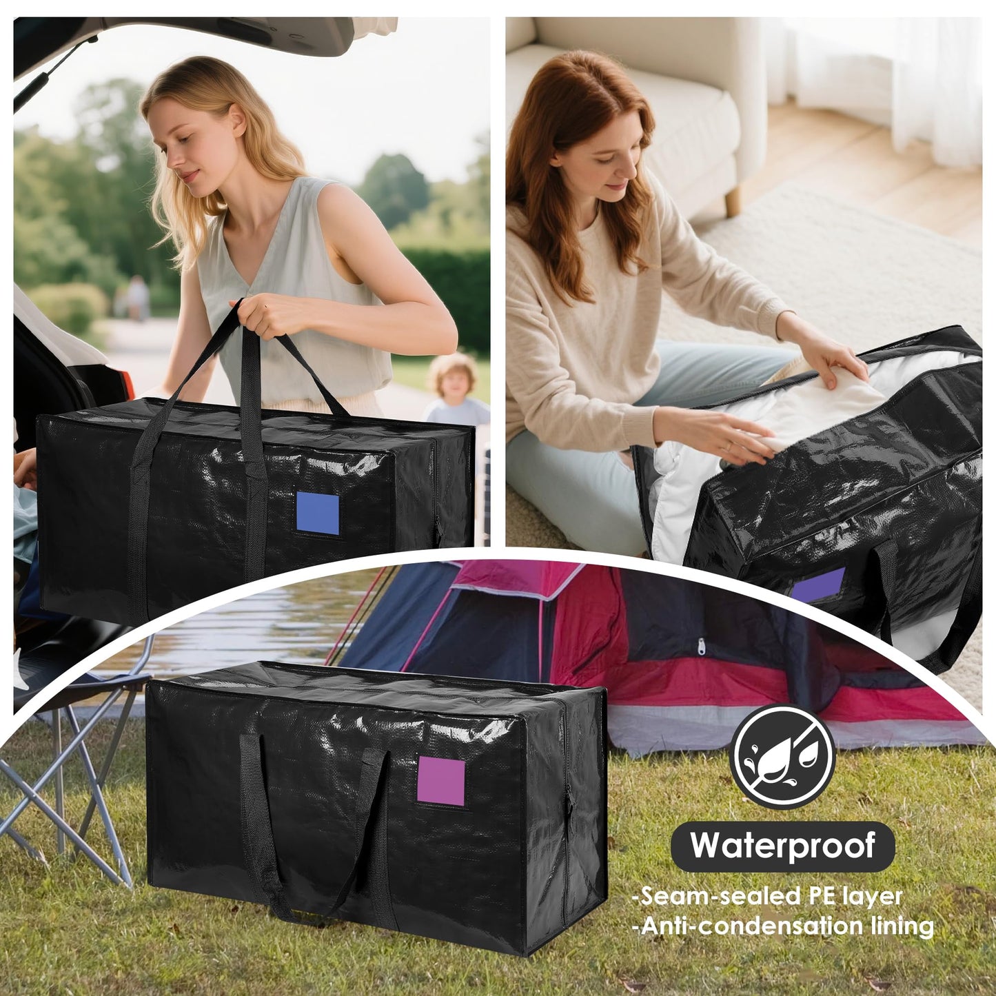 RMOHRO 12 Pack Moving Bags with Full-Open Side Zipper, Extra Large 93L Heavy Duty Waterproof Foldable Storage Totes for College Dorm, Moving & Home Organization Black