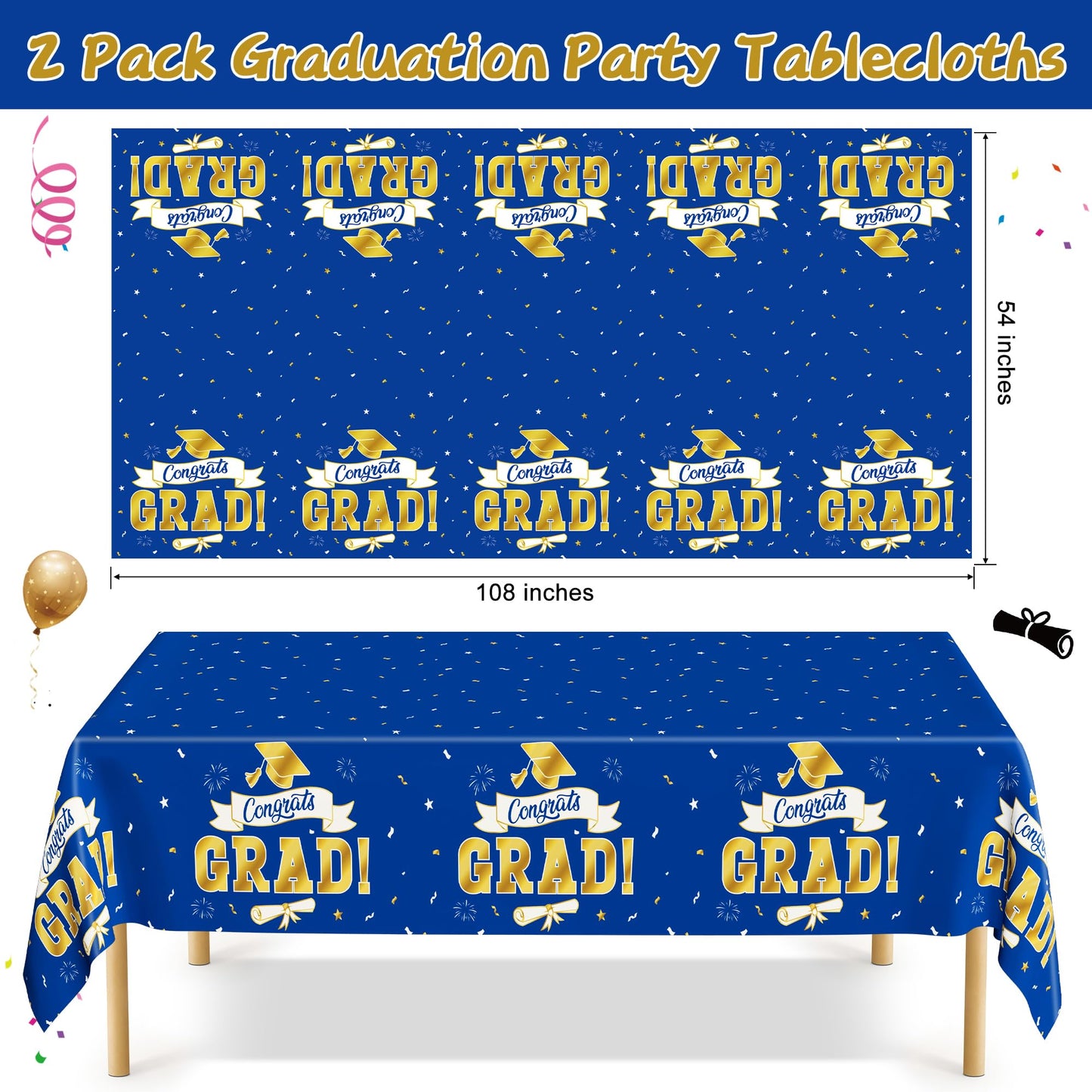 QZYL 2Pack 2026 Graduation Decorations, 108" X 54" Graduation Tablecloth, Bluegold Disposable Table Cloths for Grad Party Favors Supplies, Rectangle Plastic Tablecover for Class 2026 Congrats Grad