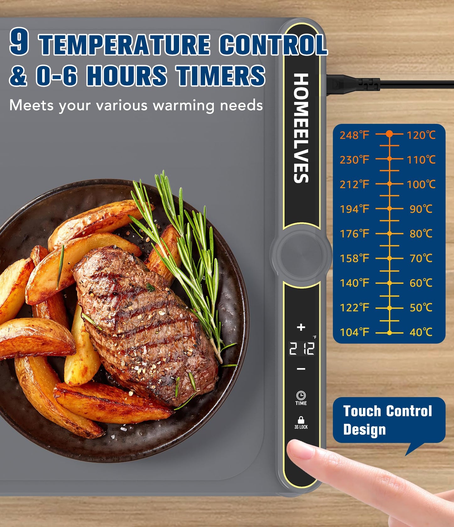 HomeElves Food Warming Mat Extra Large, Rapid Heating Electric Warming Tray with 9 Temp Setting and 6 Hours Timer,Foldable Warming Trays for Food, Portable Food Warmers for Parties Buffet, Gray