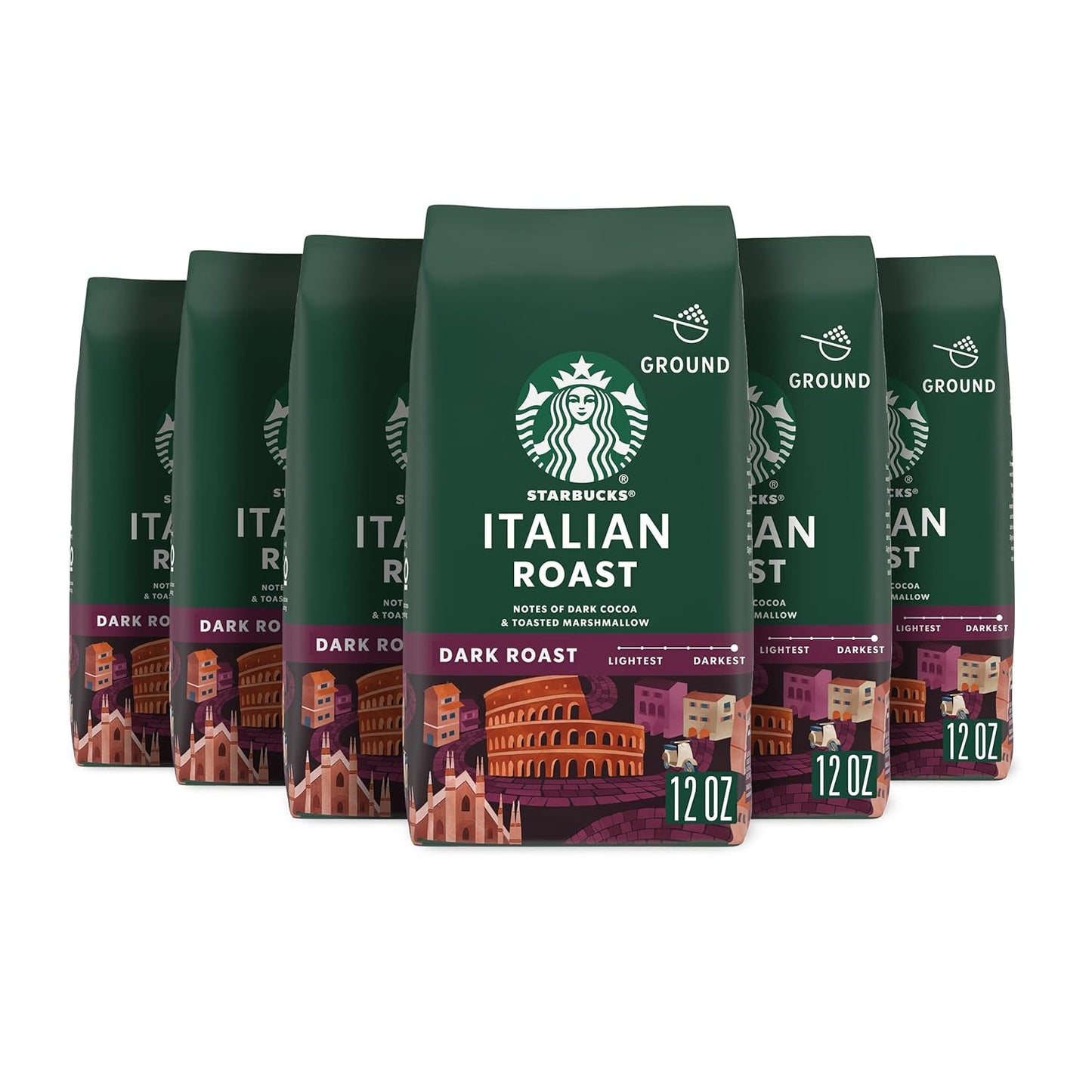 Starbucks Ground Coffee - Dark Roast Italian Blend for Hot or Iced Coffee | Six 12 oz Bags