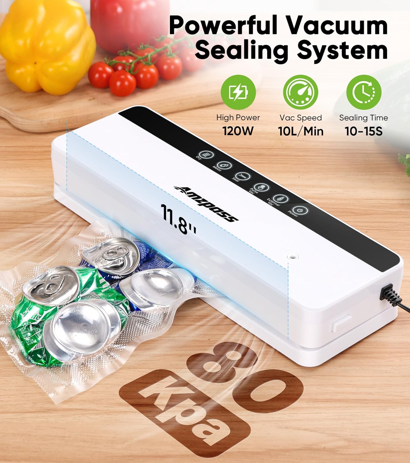 Skiennix Vacuum Sealer - 6-in-1 Food Preservation Machine with 80kPa Suction Power | Compact Design, 10 Bags Included, White