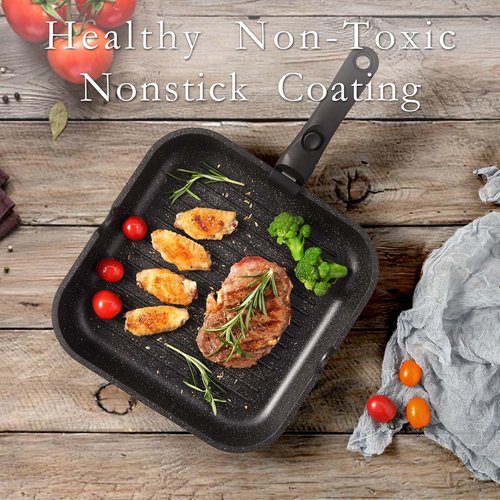 ESLITE LIFE Nonstick Grill Pan with Detachable Handle, Versatile Square Skillet for Indoor Cooking & Outdoor Grilling, PFOA Free, Black-11 Inch