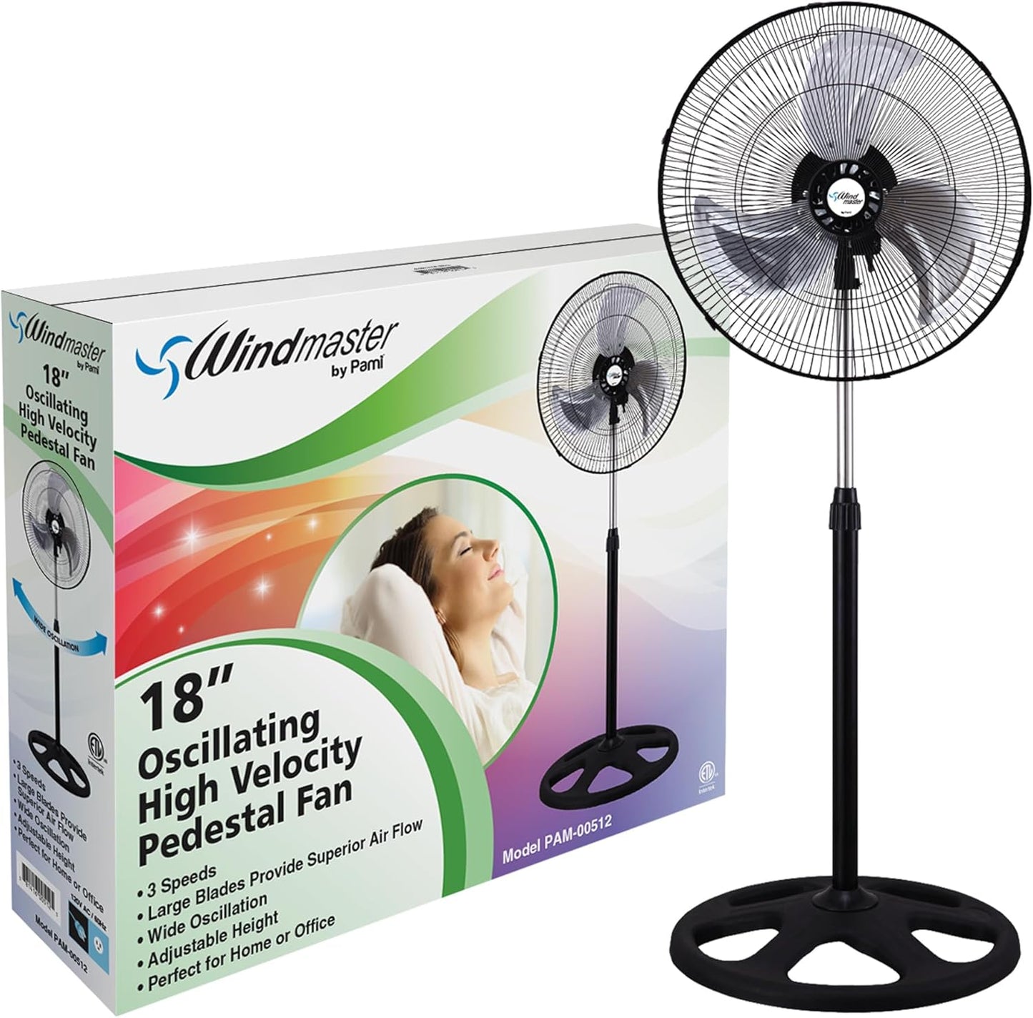 PAMI 18” High-Velocity Oscillating Pedestal Fan - Adjustable Height & 3 Speed Levels | Powerful Cooling for Home & Office, Black