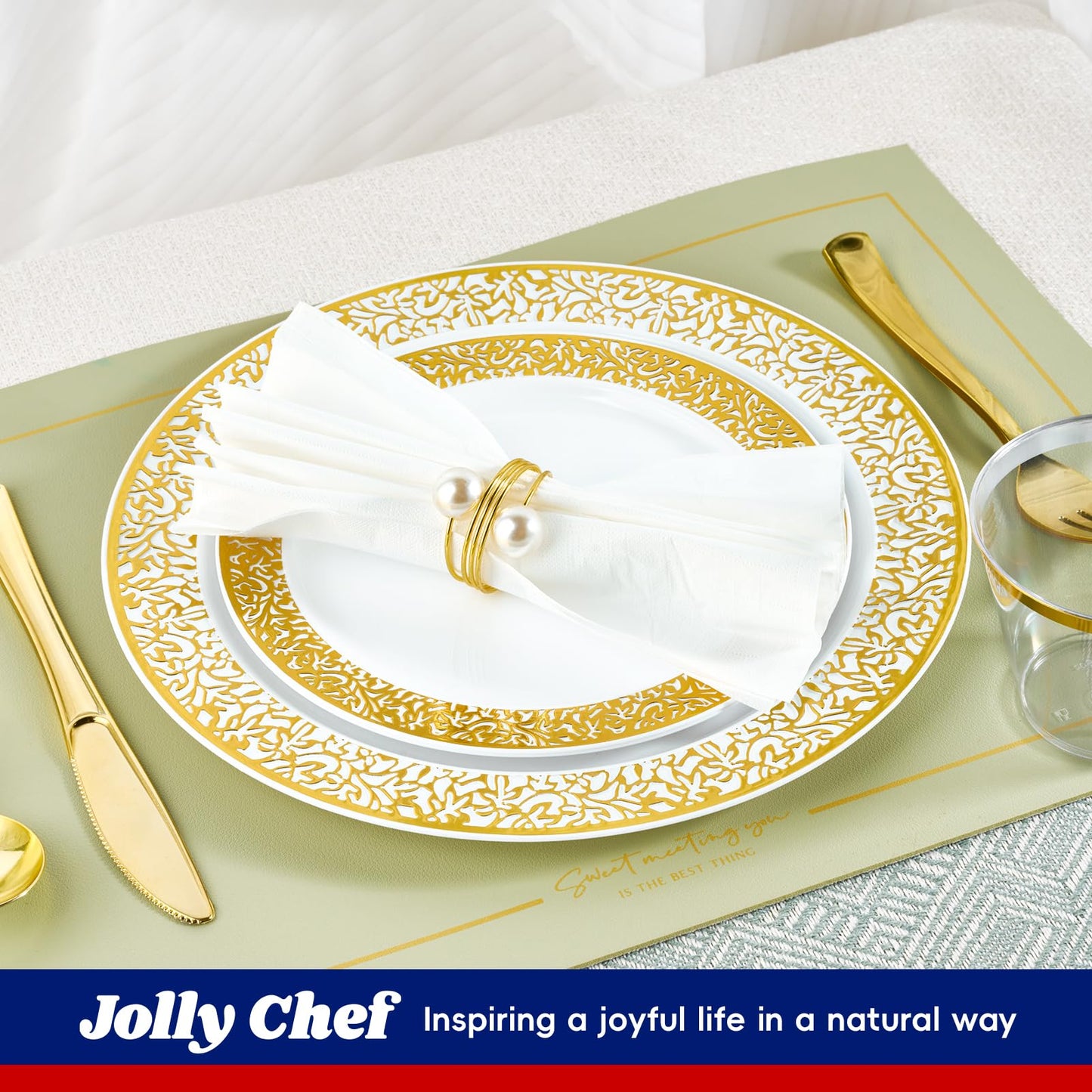 150 Count Gold Plastic Dinnerware Set, Elegant Disposable Include: 25 Gold Lace Plastic Plates, 25 Dessert Plates, 25 Forks, 25 Knives, 25 Spoons, 25 Cup, Ideal for Party, Birthday and Thanksgiving